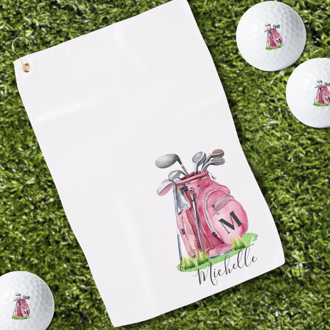 Serviette De Golf Monogramme Initial Nom Rose (Pink Initial Name Monogram Golf Towel)