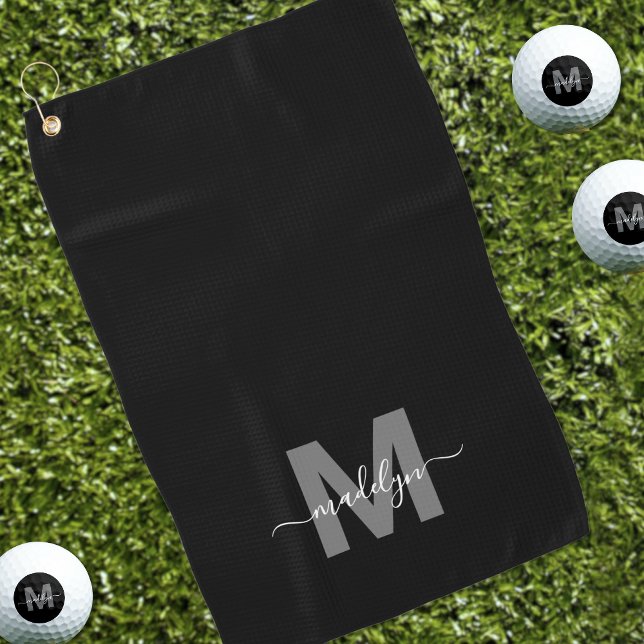 Serviette De Golf Monogramme Initiale Nom Noir Blanc (Black White Initial Name Monogram Golf Towel)