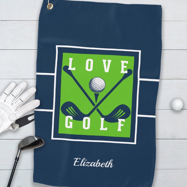 Serviette De Golf Monogramme moderne Golfeur bleu Vert Sports Design (Classic Golfer Golf Modern Monogram Crossed Clubs Ball Pro Blue Green Golf Towel For Him or For Her)