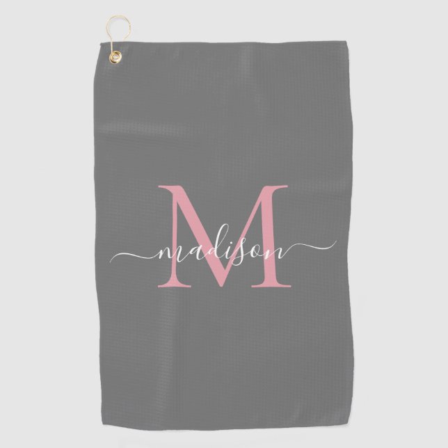 Serviette De Golf Monogramme moderne Gris Blush rose Girly Script ch (Devant)
