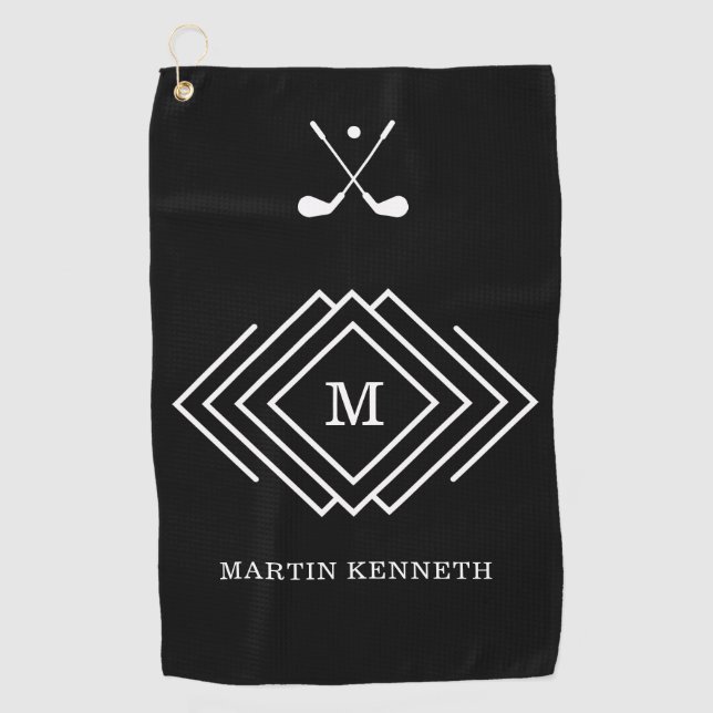Serviette De Golf Monogramme noir et blanc masculin personnalisé (Devant)
