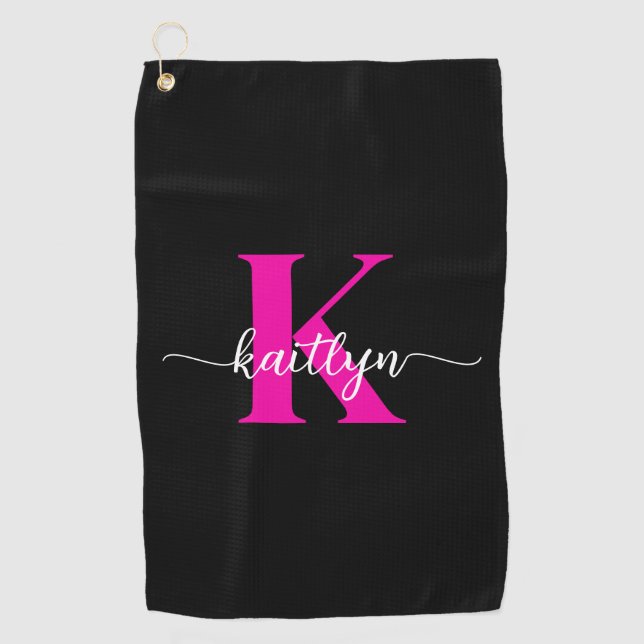 Serviette De Golf Monogramme noir rose (Devant)