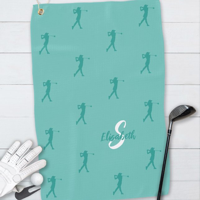 Serviette De Golf Monogramme Nom Golfeuse Silhouette Vert Sarcelle (Créateur téléchargé)