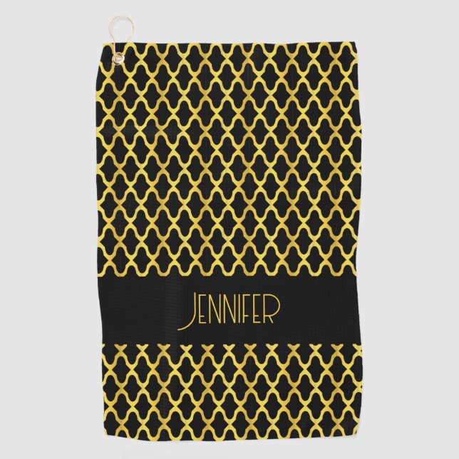 Serviette De Golf Monogramme or et noir quatrefoil motif (Devant)