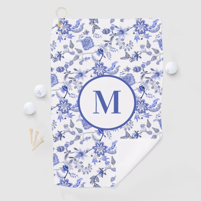 Serviette De Golf Monogramme personnalisé Antique Bleu Blanc Floral (En situation)