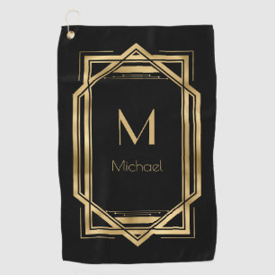 Serviette De Golf Monogramme personnalisé noir et or   Géométrique