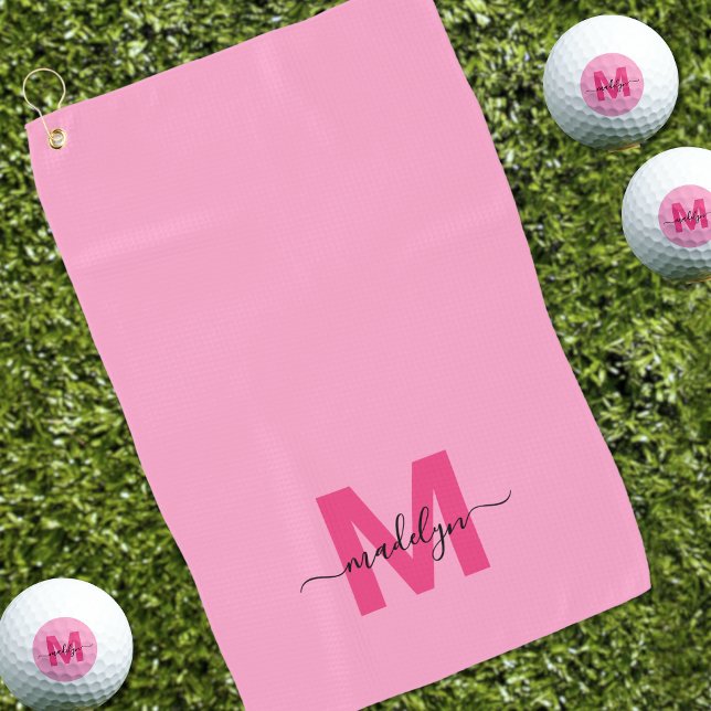 Serviette De Golf Monogramme Rose Foncé (Pink Initial Name Monogram Golf Towel)