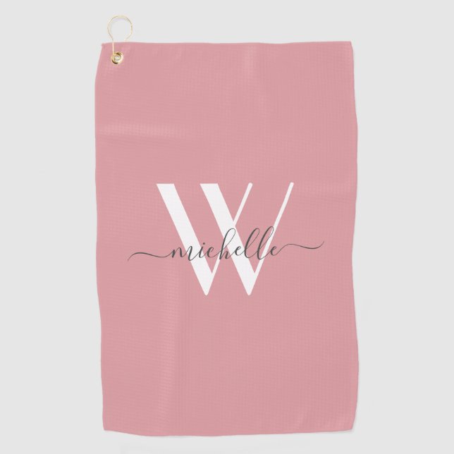 Serviette De Golf Monogramme rose vif moderne Nom du script Design  (Devant)