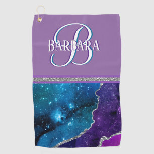 Serviette De Golf Monogramme Turquoise pourpre en argent 