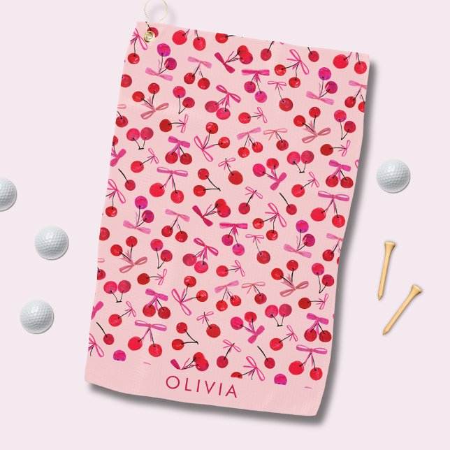 Serviette De Golf Motif Coquette Cherry & bow (Coquette cherry and bow girly pattern pink golf towel. Personalize with your own name or initials.)