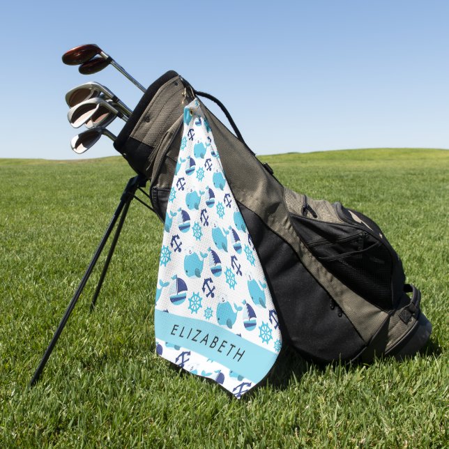 Serviette De Golf Motif De Baleines, Baleines Bleues, Votre Nom (Vert)