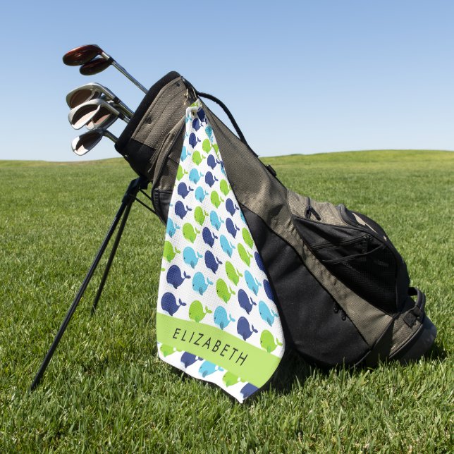 Serviette De Golf Motif De Baleines, Beaux Baleines, Votre Nom (Vert)