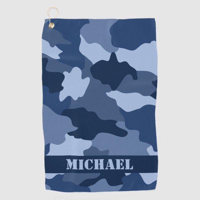Serviette De Golf Motif de camouflage bleu Nom du monogramme (Devant)