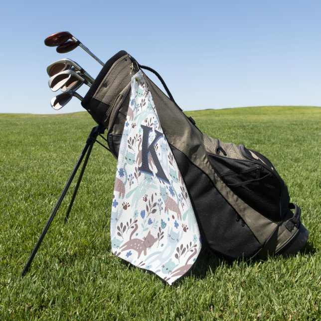 Serviette De Golf Motif de chat Whimsical, Monogramme gris bleu (Vert)
