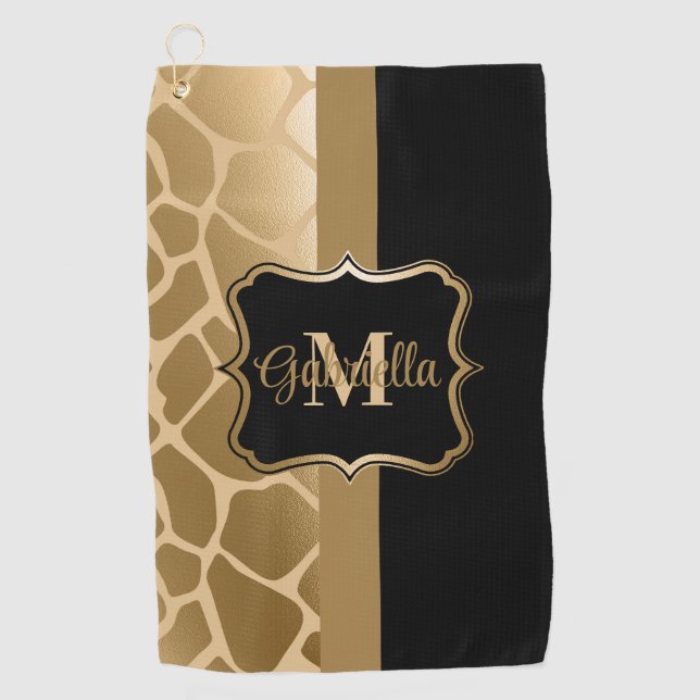 Serviette De Golf Motif de girafe noire et dorée (Devant)