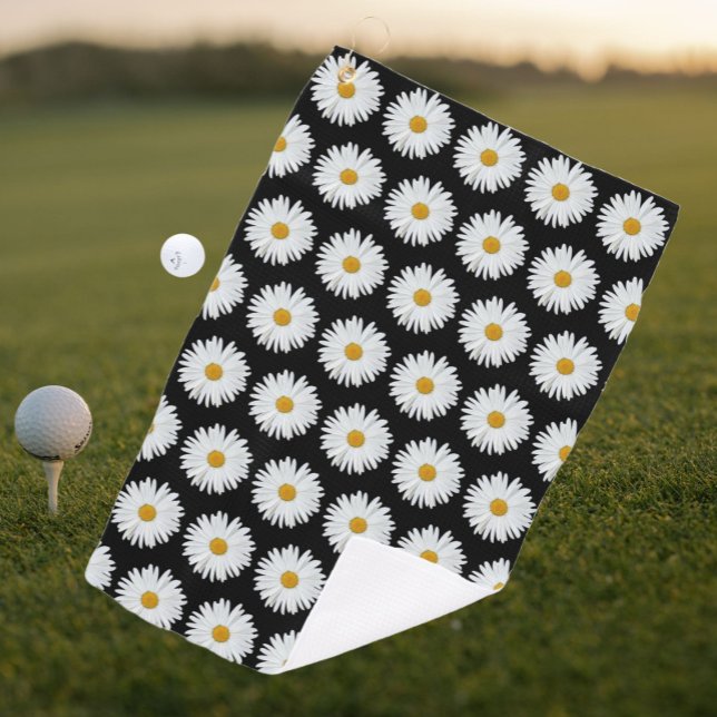 Serviette De Golf Motif floral marguerrier blanc sur noir (In Situ Golf)