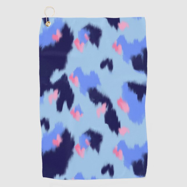 Serviette De Golf Motif ikat abstrait bleu, bleu marine et rose (Devant)