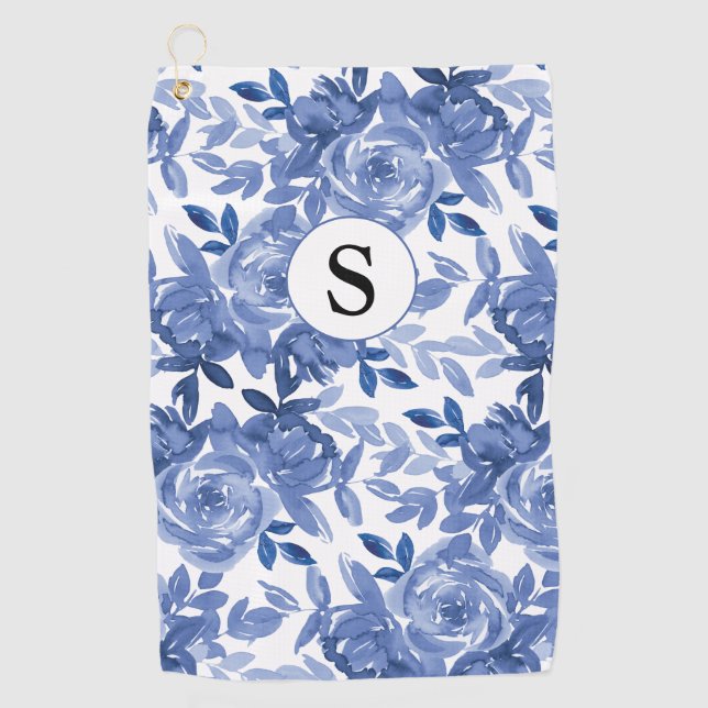 Serviette De Golf Motif végétal bleu monogramme (Devant)