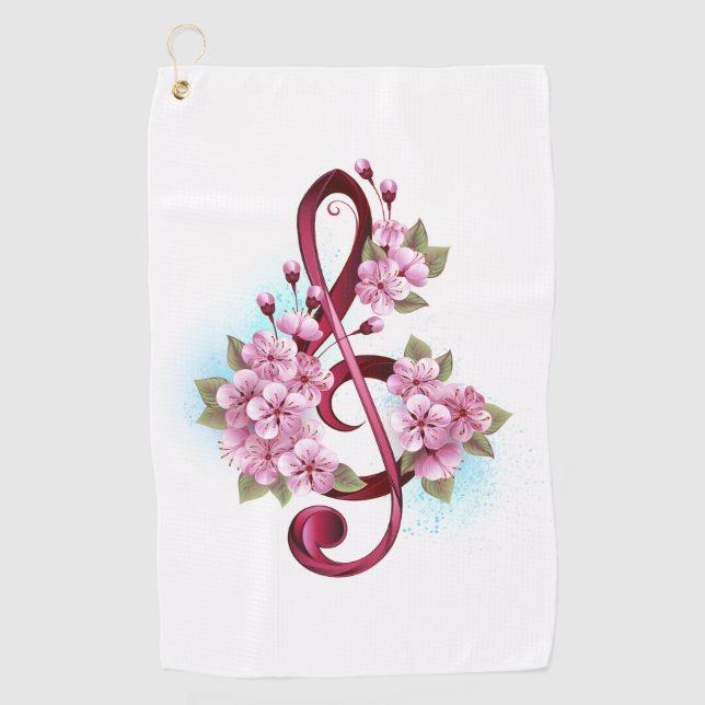 Serviette De Golf Musical treble clef notes with sakura flowers (Devant)