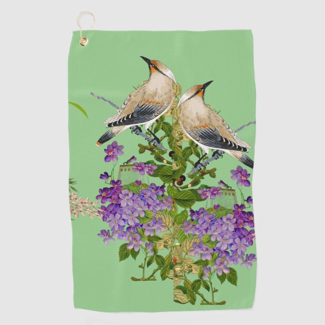 Serviette De Golf Nature Verdure Aquarelle Inséparables Lilac Bloom  (Devant)