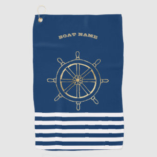 Serviette De Golf Nautique, Roue de bateau dorée, Rayures bleu marin