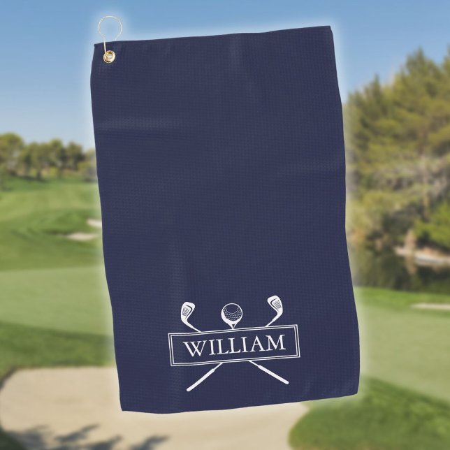 Serviette De Golf Navy Blue Golf Clubs Et Ball Nom Personnalisé (Navy Blue Golf Clubs And Ball Personalized Name Golf Towel)