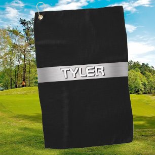 Serviette De Golf Nom blanc, Bande argentée brossée, Noir