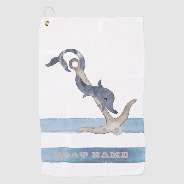 Serviette De Golf Nom du bateau, Ancre Dauphin Bleu clair rayures (Devant)