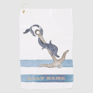 Serviette De Golf Nom du bateau, Ancre Dauphin Rayures Bleu Clair