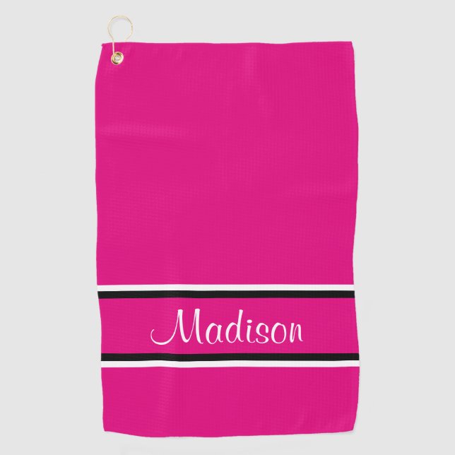 Serviette De Golf Nom du script de bandes noires roses chaudes (Devant)