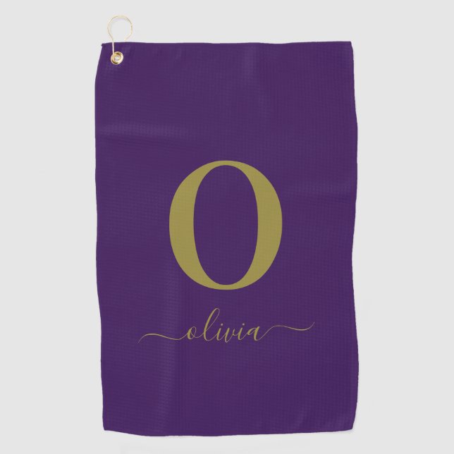 Serviette De Golf Nom Du Script Monogramme Personnalisé Purple Et Or (Devant)