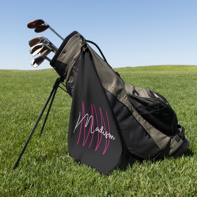 Serviette De Golf Nom Monogramme moderne Script Rose noir (Vert)