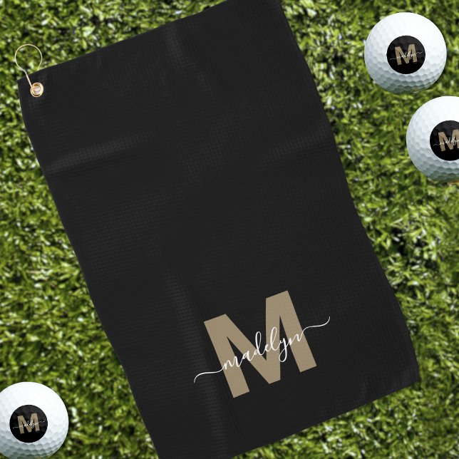 Serviette De Golf Nom Monogramme Or Noir (Black Gold Initial Name Monogram Golf Towel )