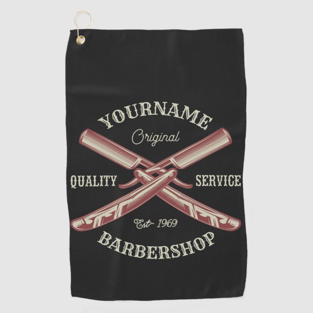 Serviette De Golf NOM PERSONNALISÉ Barber Droit Razor Barbershop (Devant)
