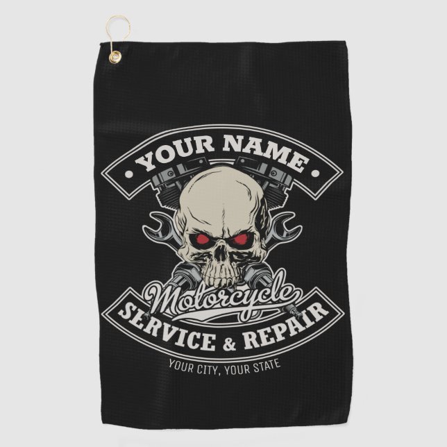 Serviette De Golf Nom personnalisé Biker Mécanique Skull Motorcycle  (Devant)
