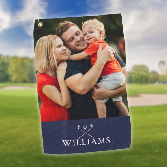 Serviette De Golf Nom personnalisé Golf Clubs Photo Marine Blue (Personalized Name Golf Clubs Photo Navy Blue Golf Towel)