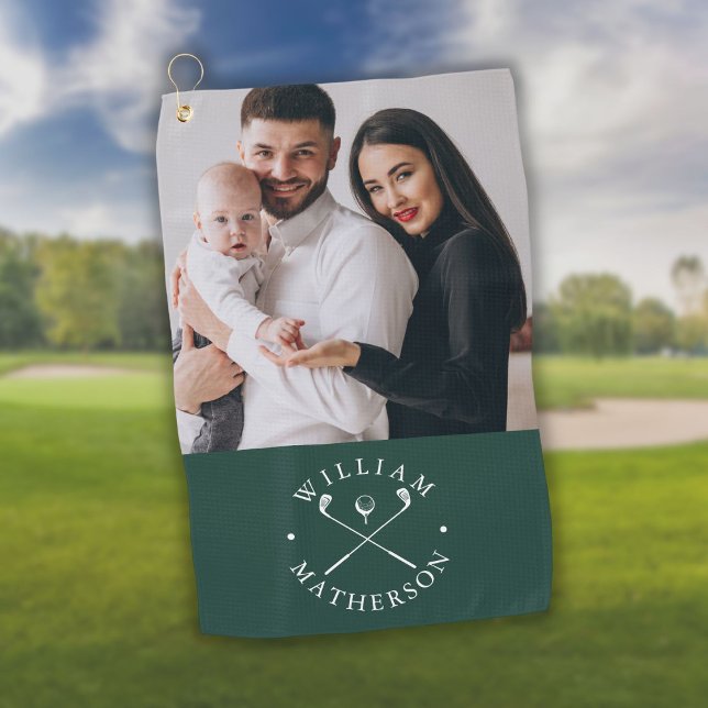 Serviette De Golf Nom photo personnalisé Clubs Boules Emeraude Vert  (Custom Photo Name Clubs Ball Emerald Green White Golf Towel)