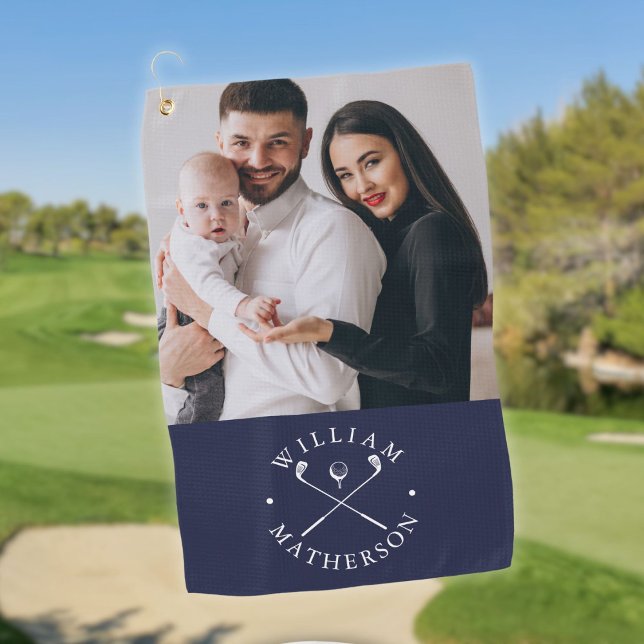 Serviette De Golf Nom Photo Personnalisé Clubs Et Ball Marine Bleu B (Custom Photo Name Clubs And Ball Navy Blue White Golf Towel)