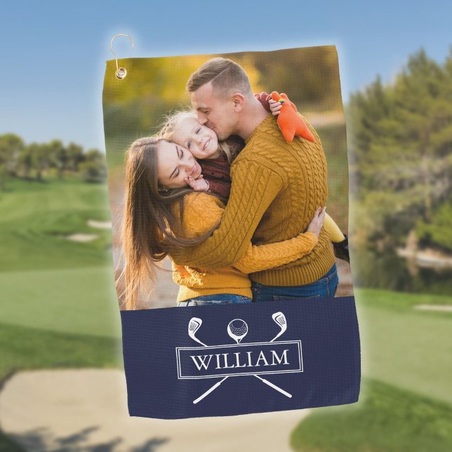 Serviette De Golf Nom photo personnalisé Marine Blue Golf Clubs Ball (Personalized Photo Name Navy Blue Golf Clubs Ball Golf Towel)