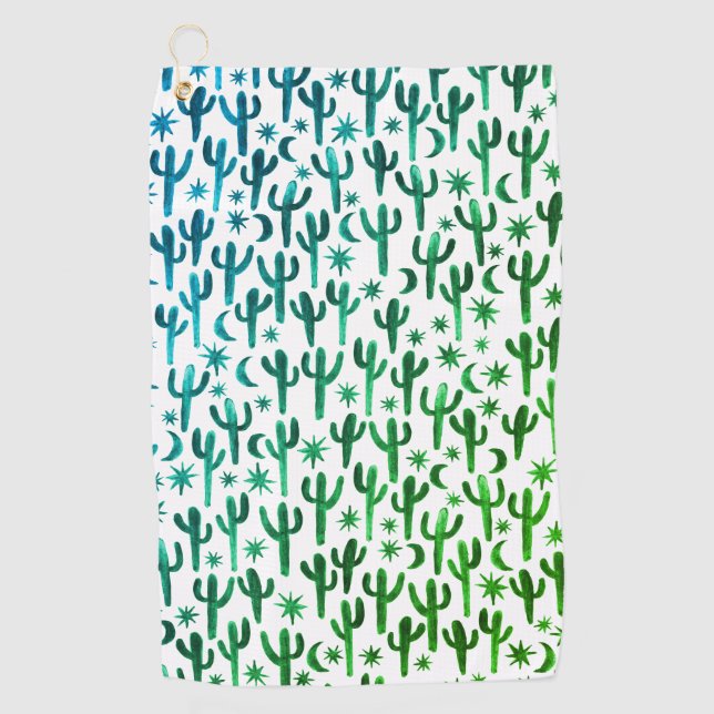 Serviette De Golf Nuit Désert Saguaro Cactus Aquarelle Ombre Vert (Devant)