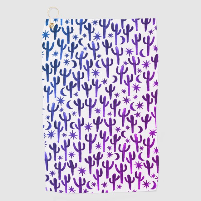 Serviette De Golf Nuit Désert Saguaro Cactus Aquarelle Ombre violet (Devant)