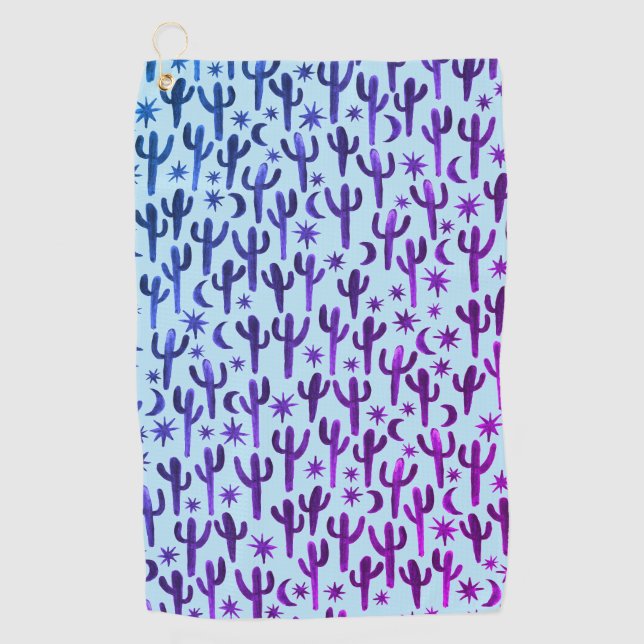 Serviette De Golf Nuit Désert Saguaro Cactus Aquarelle Ombre violet (Devant)
