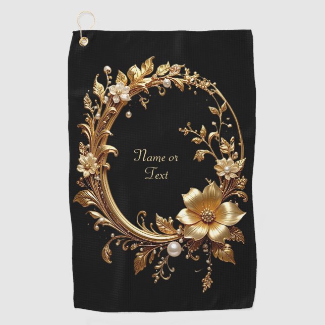 Serviette de golf ornée de fleurs dorées (Devant)