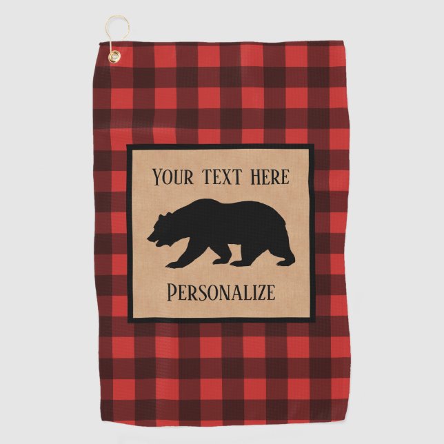 Serviette De Golf Ours Noir Sur Un Plaid Rouge Et Noir Personnalisé (Devant)
