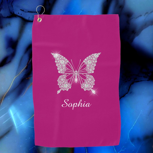 Serviette De Golf Papillon Diamant Blanc, Nom du script, Fuchsia pro (Créateur téléchargé)