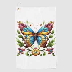 Serviette De Golf Papillon en vitrail coloré avec fleurs