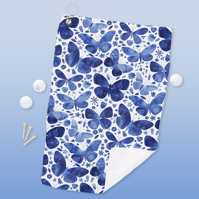 Serviette De Golf Papillons Aquarelle Bleu (Blue butterfly pattern golf towel)