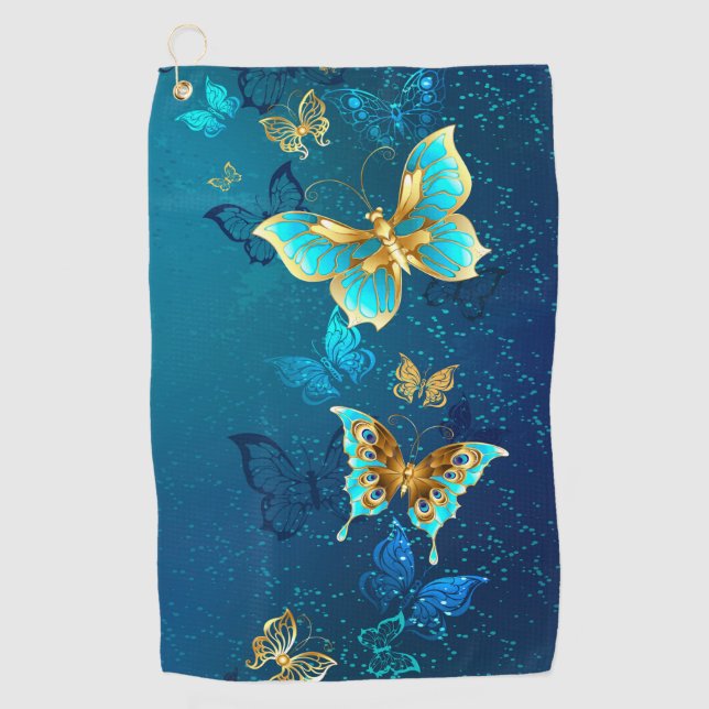 Serviette De Golf Papillons d'or sur un Arrière - plan bleu (Devant)