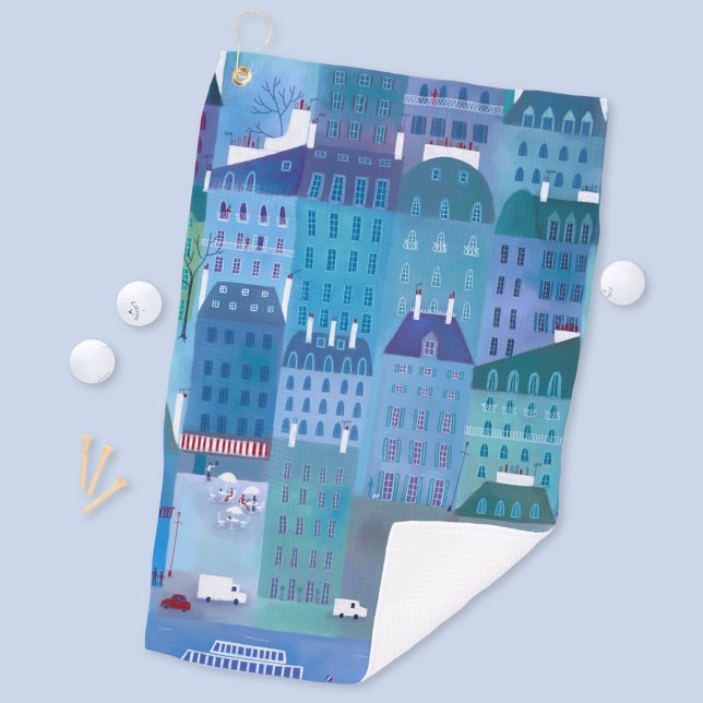 Serviette De Golf Paris France au Printemps Bleu Cityscape Peinture (Paris blue art golf towel)