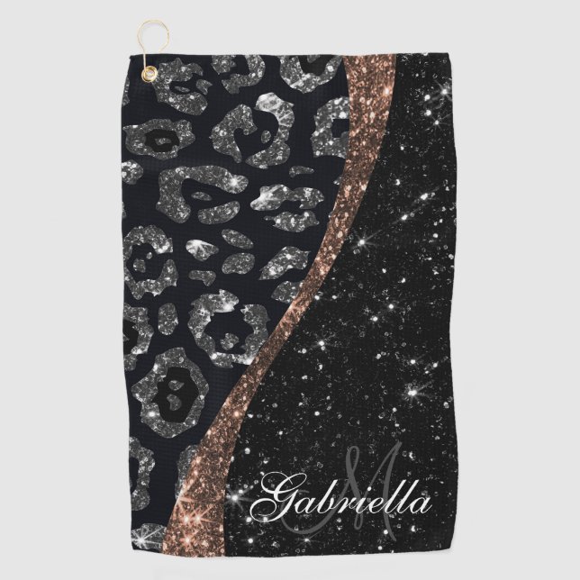 Serviette De Golf Parties scintillant noire et Empreinte de léopard (Devant)